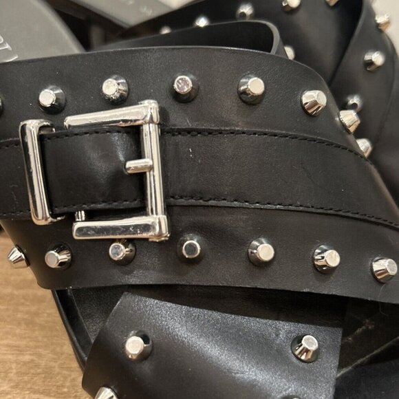 Stuart Weitzman Black Silver Studded Leather Open Toe Slides Heels Size 9.5 M - Picture 2 of 5